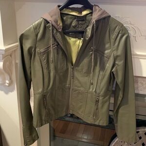 Joujou pleather vegan leather jacket size l large detachable hood